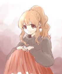 1girl :3 black_sweater brown_eyes brown_hair closed_mouth earrings highres hogehogemoji06 idolmaster idolmaster_cinderella_girls jewelry long_hair long_sleeves looking_at_viewer moroboshi_kirari nail_polish ponytail red_skirt sidelocks sitting skirt solo sweater turtleneck turtleneck_sweater
