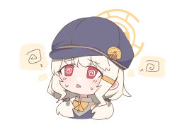 1girl @_@ aoba_(blue_archive) blonde_hair blue_archive blue_hat chibi futagoma green_halo hair_ornament hairclip halo hat highres long_hair neck_ribbon nervous_sweating peaked_cap red_eyes ribbon solo spiral-only_eyes sweat triangle_mouth