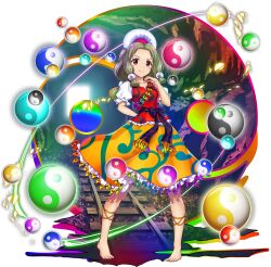 Rule 34 | 1girl, arm behind back, barefoot, blonde hair, closed mouth, collarbone, frilled shirt, frilled skirt, frills, full body, game cg, hair ornament, highres, long hair, looking at viewer, magatama, official art, orb, patterned clothing, railroad tracks, red eyes, red shirt, rotte (1109), shirt, short sleeves, sidelocks, simple background, skirt, smile, solo, tamatsukuri misumaru, third-party source, toes, touhou, touhou lostword, transparent background, yellow skirt, yin yang, yin yang orb