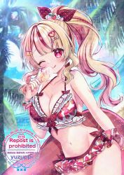 1girl bare_shoulders beach bikini blonde_hair blue_sky blush bow bracelet breasts cleavage closed_mouth cloud collarbone floral_print floral_print_bikini flower food hair_between_eyes hair_bow hair_flower hair_ornament high_ponytail highres holding holding_food holding_popsicle indie_virtual_youtuber jewelry large_breasts long_hair looking_at_viewer multicolored_hair navel ocean one_eye_closed original outdoors palm_tree ponytail popsicle red_bikini red_eyes red_hair sky smile solo stomach streaked_hair swimsuit tongue tongue_out tree water white_bikini yuzuppi