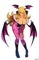 1girl absurdres animal_print artist_name bat_print bat_wings black_eyes black_leotard blonde_hair breasts cleavage collarbone cosplay cynthia_(pokemon) darkstalkers full_body hair_ornament hair_over_one_eye hand_on_own_hip head_wings highres large_breasts leotard long_hair low_wings morrigan_aensland morrigan_aensland_(cosplay) nintendo pantyhose pokemon pokemon_dppt print_pantyhose smgold smile solo standing very_long_hair white_background wings