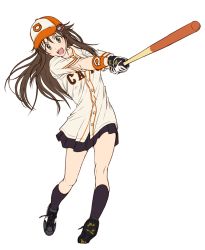1girl :d baseball_bat baseball_cap baseball_jersey black_footwear black_skirt black_socks blush brown_hair cat_hair_ornament cleats female_focus full_body gloves green_eyes hair_ornament hairclip hat hiroshima_touyou_carp idolmaster idolmaster_cinderella_girls jersey kneehighs long_hair nigou nippon_professional_baseball open_mouth pleated_skirt skirt smile socks solo swinging wristband
