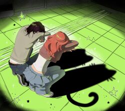2girls artist_name black_hair carabiner cat_shadow_puppet_(meme) cat_tail commentary cropped_sweater english_commentary facing_away grey_sweater highres kininatteru_hito_ga_otoko_ja_nakatta koga_mitsuki meme multiple_girls oosawa_aya panties pants panty_peek pupusya_kat red_hair red_sweater shadow shadow_puppet shirt shoes sneakers squatting star_(symbol) sweater tail tile_floor tiles tiptoes underwear whiskers white_shirt