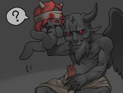 1boy 1girl ? age_difference beard black_skin blindfold blood bloody_tears colored_skin completely_nude covered_eyes cross demon_horns demon_wings facial_hair fingernails held_up horns imminent_penetration inverted_cross lilith_(the_binding_of_isaac) loli long_fingernails medium_hair nude open_mouth penis pussy red_eyes red_hair satan_(the_binding_of_isaac) sharp_fingernails speech_bubble spoken_question_mark the_binding_of_isaac tosx wings