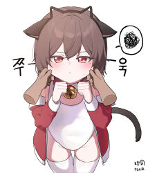 1girl animal_ear_hairband animal_ears annoyed bell black_hairband black_tail blush brown_hair cat_ear_hairband cat_ears cat_tail cheek_pinching clenched_hands commentary_request commission covered_navel dated ears_down fake_animal_ears flat_chest hairband hands_up highleg highleg_one-piece_swimsuit highres jacket jingle_bell korean_commentary looking_at_viewer mole mole_under_eye myeolchi neck_bell off_shoulder one-piece_swimsuit original pinching pov pov_hands prunechi red_eyes red_jacket second-party_source short_hair signature simple_background small_sweatdrop spoken_squiggle squiggle sweatdrop swimsuit tail thighhighs translated v-shaped_eyebrows white_background white_one-piece_swimsuit white_thighhighs