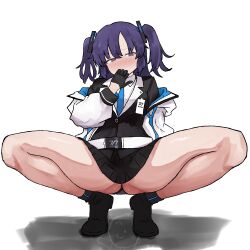 Rule 34 | 1girl, ankle boots, arm at side, bare legs, belt, black bow, black gloves, black jacket, black panties, black skirt, blue archive, blue necktie, blush, boots, bow, buckle, collared shirt, commentary, covering own mouth, doodle sensei (blue archive), formal clothes, full body, gloves, hair between eyes, hair ornament, half-closed eyes, half gloves, hand up, highres, id card, jacket, long hair, long sleeves, looking at viewer, miniskirt, necktie, nose blush, off shoulder, open clothes, open jacket, panties, peace peace009, pleated skirt, purple eyes, purple hair, sensei (blue archive), shirt, simple background, skirt, skirt suit, snap-fit buckle, solo, spread legs, squatting, suit, sweatdrop, symbol-shaped pupils, thighs, tiptoes, two side up, underwear, white background, white belt, white jacket, white shirt, yuuka (blue archive)