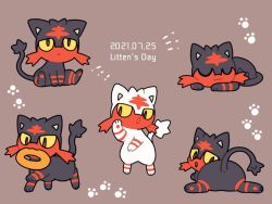 :&lt; :3 :o alternate_color brown_background character_name closed_eyes closed_mouth commentary_request daifuku_(pokefuka_art) dated gen_7_pokemon litten lying mouth_hold nintendo no_humans on_stomach open_mouth paw_print pokemon pokemon_(creature) shiny_pokemon sitting smile u_u