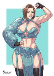 2024 absurdres artist_name black_gloves blue_eyeshadow border breasts brown_hair cirenk commentary commission detached_sleeves english_commentary eyeshadow fingerless_gloves flexing fur_sleeves gloves highres makeup muscular muscular_female original short_hair single_detached_sleeve thighhighs white_border