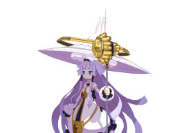 Rule 34 | 1girl, absurdly long hair, blue eyes, blunt bangs, blush, bow, brooch, closed mouth, detached sleeves, dress, frilled dress, frills, hair bow, hair ornament, halo, harada takehito, hat, holding, holding staff, jewelry, large hat, long hair, majo to hyakkihei, nezaria, official art, pink pupils, puffy dress, purple bow, purple dress, purple hair, sleeveless, sleeveless dress, solo, staff, standing, two-tone dress, very long hair, white background, white dress, white hat