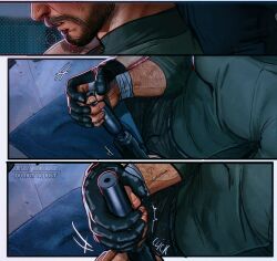 Rule 34 | 2boys, bandaged hand, bandages, bara, black gloves, black shirt, call of duty, call of duty: modern warfare 2, facial hair, fingerless gloves, ghost (modern warfare 2), gloves, green shirt, gun, highres, holding, holding gun, holding weapon, large pectorals, male focus, multiple boys, muscular, muscular male, pectorals, shirt, soap (modern warfare 2), suppressor, umikochannart, weapon, yaoi
