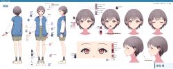 1girl absurdres bang_dream! bang_dream!_it&#039;s_mygo!!!!! belt black_socks blue_jacket brown_eyes brown_shoes closed_mouth collared_shirt color_guide grey_hair grey_skirt hatsuka-20 highres jacket lower_teeth_only open_clothes open_jacket open_mouth parted_lips pointing_out_the_details reference_sheet shirt shoes simple_background skirt socks takamatsu_tomori teeth translation_request white_background white_shirt yellow_belt
