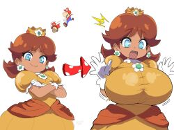 1boy 1girl arrow_(symbol) before_and_after blue_eyes breast_expansion breasts brown_hair bursting_breasts crossed_arms crown dark-skinned_female dark_skin dress eyelashes fruithead gloves hat highres huge_breasts looking_at_viewer mario mario_(series) mushroom nintendo open_mouth orange_dress princess_daisy red_hat shiny_skin short_hair small_breasts smile solo_focus standing super_mushroom surprised taut_clothes taut_dress throwing w_arms white_background white_gloves