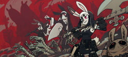 3girls belt belt_buckle book buckle carrying_over_shoulder cloud cross crowd deadslug dust_cloud eyepatch habit monster moon multiple_girls nun original rabbit_ears red_background rocket_launcher scythe smile stitches thick_eyebrows thick_outlines weapon
