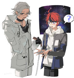 Rule 34 | 2boys, ?, absurdres, ahoge, animal collar, aotsuki eito, black gloves, black pants, black streaks, blue eyes, blue jacket, blush, chain, chain leash, chinese commentary, collar, cowboy shot, drawstring, giving, glasses, gloves, grey eyes, grey hair, grey jacket, hand up, highres, holding, holding leash, hood, hoodie, jacket, jacket over hoodie, leash, male focus, multicolored hair, multicolored jacket, multiple boys, nose blush, open mouth, pants, red hair, short hair, si ming, simple background, smile, speech bubble, streaked hair, sumino takumi, sweatdrop, the hundred line -last defense academy-, two-tone jacket, white background, white hoodie, white jacket, white pants, yaoi