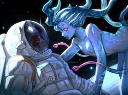 0homi 1boy 1girl alien arcane:_league_of_legends arcane_jinx blue_skin closed_eyes colored_skin dark-skinned_male dark_skin ekko_(league_of_legends) facepaint highres jinx_(league_of_legends) league_of_legends looking_at_another pink_eyes signature smile space spacesuit star_(sky) tendril