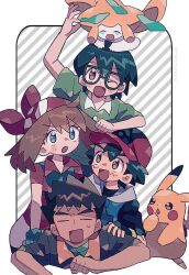1girl 3boys affectionate ash_ketchum bandana baseball_cap bike_shorts black_hair blue_eyes blush breasts brock_(pokemon) brother_and_sister brown_eyes brown_hair closed_eyes gen_1_pokemon gen_3_pokemon glasses gloves green_shirt hat highres jacket jirachi legendary_pokemon long_hair looking_at_viewer max_(pokemon) may_(pokemon) mgomurainu multiple_boys mythical_pokemon nintendo on_head one_eye_closed open_mouth pants pikachu pokemon pokemon:_jirachi:_wish_maker pokemon_(anime) pokemon_(creature) pokemon_on_head pokemon_rse_(anime) red_bandana red_shirt shirt short_hair short_sleeves shorts siblings smile spiked_hair