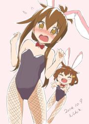 10s 2014 2girls animal_ears blush brown_eyes brown_hair choker dated errant fake_animal_ears fang fishnet_pantyhose fishnets flat_chest folded_ponytail hair_between_eyes hair_ornament hairclip ikazuchi_(kancolle) inazuma_(kancolle) kantai_collection leotard loli long_hair multiple_girls open_mouth pantyhose pink_background playboy_bunny rabbit_ears ribbon short_hair smile