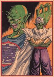 Rule 34 | 2boys, antennae, arm up, bald, blue shirt, border, cape, closed mouth, clothes writing, colored skin, commentary request, crossed arms, dougi, dragon ball, dragon ball (classic), evil smile, fangs, father and son, frown, green skin, looking at viewer, male focus, multiple boys, namekian, open mouth, pants, pectoral cleavage, pectorals, piccolo, piccolo daimaou, pointy ears, print shirt, purple pants, red sash, sash, serious, sharp teeth, shen (pixiv 577172), shirt, smile, standing, teeth, traditional media, turban, white cape, white turban