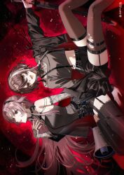 2girls asu_(sinsekai) bema_(sinsekai) black_jacket black_shorts black_thighhighs brown_hair brown_shirt character_name commentary_request copyright_name cropped_shirt earrings garter_straps grey_nails highres holding holding_sword holding_weapon jacket jewelry kamitsubaki_studio kuga_huna lace megaphone multicolored_hair multiple_girls nail_polish official_art open_clothes open_jacket pantyhose parted_bangs pink_hair red_background ring second-party_source shirt shorts sideways sinsekai_record sitting streaked_hair sword thighhighs torn_clothes torn_pantyhose virtual_youtuber weapon white_hair