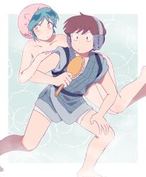 1boy 1girl aqua_hair brown_hair clothed_male_nude_female collarbone commentary convenient_censoring flying highres holding holding_brush lizze_35 lum moroboshi_ataru nude scene_reference short_hair symbol-only_commentary urusei_yatsura