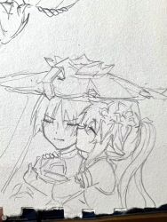 1boy 1girl armlet art_tools_in_frame blunt_ends blush bodysuit closed_eyes closed_mouth detached_sleeves dress eyelashes facing_another facing_viewer genshin_impact graphite_(medium) hand_on_another&#039;s_arm hand_on_another&#039;s_shoulder hat hetero highres hug hug_from_side huiyue1016 japanese_clothes jewelry jingasa kimono kiss kissing_cheek lofter_username long_hair nahida_(genshin_impact) pointy_ears scaramouche_(genshin_impact) side_ponytail sidelocks traditional_media v-shaped_eyebrows wanderer_(genshin_impact)
