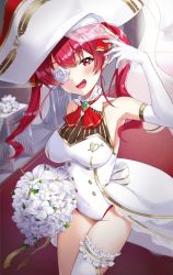 1girl alternate_costume ascot bare_shoulders blush bouquet breasts choker cleavage dress elbow_gloves fang flower flower_eyepatch frilled_choker frilled_thigh_strap frills gloves hair_ribbon highres holding holding_bouquet hololive houshou_marine indoors large_breasts leotard long_hair looking_at_viewer open_mouth pirate pn_(wnsl216) red_eyes red_hair red_ribbon ribbon rose see-through_cleavage see-through_clothes single_thighhigh sleeveless smile solo thigh_strap thighhighs twintails veil virtual_youtuber wedding wedding_dress white_choker white_flower white_headwear white_leotard white_rose white_thighhighs