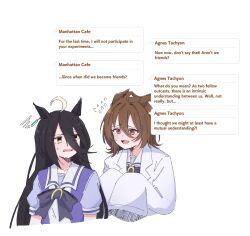 2girls agnes_tachyon_(umamusume) ahoge animal_ears black_hair blush bow bowtie brown_eyes brown_hair coat commentary cropped_torso english_commentary english_text flying_sweatdrops furrowed_brow hair_between_eyes highres horse_ears lab_coat long_hair long_sleeves looking_at_another manhattan_cafe_(umamusume) meyshi multiple_girls open_mouth puffy_short_sleeves puffy_sleeves purple_bow purple_bowtie purple_shirt school_uniform shirt short_hair short_sleeves sleeves_past_fingers sleeves_past_wrists speech_bubble squiggle summer_uniform sweat tracen_school_uniform umamusume white_coat