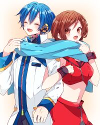 Rule 34 | 1boy, 1girl, :d, blue hair, blue scarf, blush, breasts, brown eyes, brown hair, closed eyes, commentary request, cowboy shot, crop top, cropped jacket, double-parted bangs, hand up, high collar, highres, jacket, kaho 0102, kaito (vocaloid), kaito (vocaloid3), large breasts, locked arms, long sleeves, meiko (vocaloid), meiko (vocaloid3), midriff, navel, open mouth, red jacket, red skirt, scarf, shared clothes, shared scarf, short hair, skirt, sleeveless, sleeveless jacket, smile, vocaloid, white jacket, wrist cuffs