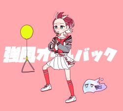 1girl 1other aqua_eyes balloon belted_skirt commentary_request expressionless flute forehead grey_jacket hands_up holding holding_instrument idolmaster idolmaster_va-liv instrument jacket kamizuru_cosmo kamizurucosmo kyoufuu_all_back_(vocaloid) long_sleeves looking_ahead multicolored_hair parody pink_background playing_flute playing_instrument pleated_skirt red_hair red_shirt red_socks shirt short_hair skirt slime_(creature) socks tomori_manaka triangle_(instrument) two-tone_hair virtual_youtuber walking white_footwear white_hair white_shirt wind