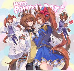 Rule 34 | 2girls, adjusting another&#039;s clothes, aged down, agnes tachyon (umamusume), ahoge, animal ears, artist name, black necktie, blue jacket, blue skirt, blush, bow, bowtie, braid, brown hair, brown pantyhose, brown thighhighs, closed eyes, clothing cutout, collared shirt, crossed legs, daiwa scarlet (umamusume), english text, epaulettes, hair bow, horse ears, horse girl, horse tail, invisible chair, jacket, lab coat, long hair, long sleeves, looking at another, multiple girls, multiple views, necktie, open mouth, pantyhose, petticoat, purple shirt, purple skirt, purple thighhighs, red bow, red eyes, school uniform, shirt, short hair, short necktie, sitting, skirt, sleeves past fingers, sleeves past wrists, smile, sweater, tail, tail through clothes, test tube, thighhighs, tracen school uniform, twintails, umamusume, welchino, yellow sweater
