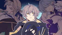 1boy 2girls bare_shoulders black_coat black_gloves black_hairband black_hat black_jacket blue_background blue_hair blue_ribbon caelus_(honkai:_star_rail) choker coat detached_sleeves dress earrings feathered_wings fingerless_gloves fingernails firefly_(honkai:_star_rail) gem gloves grey_hair hair_between_eyes hair_over_eyes hair_ribbon hairband hand_up hat head_wings highres holding holding_unworn_clothes holding_unworn_hat honkai:_star_rail honkai_(series) hood hooded_coat jacket jewel_under_eye jewelry lapels long_hair long_sleeves looking_at_viewer multiple_girls open_clothes open_jacket pearl_(gemstone) purple_choker ribbon robin_(honkai:_star_rail) rongyuan_gulu sailor_collar short_hair short_sleeves simple_background sleeveless sleeveless_dress star_ornament teeth trailblazer&#039;s_hat_(honkai:_star_rail) trailblazer_(honkai:_star_rail) two-sided_coat two-sided_fabric unworn_hat unworn_headwear upper_body white_dress white_ribbon wings yellow_coat yellow_eyes