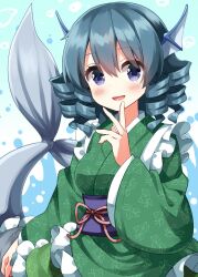 1girl :d blue_background blue_eyes blue_hair blush commentary cowboy_shot drill_hair drill_sidelocks fins frilled_kimono frills gradient_background green_kimono hair_between_eyes hand_up head_fins highres japanese_clothes kimono long_sleeves looking_at_viewer mermaid monster_girl obi open_mouth purple_sash ruu_(tksymkw) sash short_hair sidelocks smile solo splashing touhou wakasagihime wide_sleeves