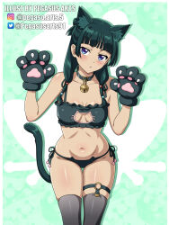 1girl animal_collar animal_ear_fluff animal_ears animal_hands artist_name bell blue_eyes blush breasts cat_ears cat_lingerie cat_paws cleavage closed_mouth collar collarbone extra_ears freckles gloves green_background green_gloves green_hair green_panties grey_thighhighs highres instagram_logo instagram_username jingle_bell kusuriya_no_hitorigoto looking_at_viewer maomao_(kusuriya_no_hitorigoto) medium_hair navel neck_bell panties paw_gloves paw_pose pegasus_arts ribbon-trimmed_panties ribbon_trim simple_background small_breasts solo standing thigh_strap thighhighs twitter_logo twitter_username underwear