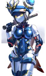 1girl bare_shoulders black_leotard breasts colored_skin cowboy_shot hakidashi_11 holding_baton_(weapon) large_breasts leotard phantasy_star phantasy_star_online_2 robot_girl simple_background solo white_background white_skin