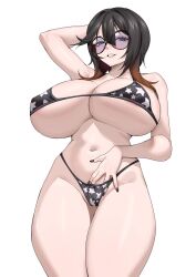 1girl areola_slip arm_up bare_legs bikini black_bikini blue_eyes breasts brown_hair gradient_hair hair_between_eyes hand_under_bikini highres huge_breasts kasizil looking_at_viewer multicolored_hair navel open_mouth orange_hair original simple_background solo star_(symbol) star_print swimsuit teeth thighs underboob white_background