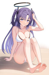 1girl absurdres alternate_costume bikini black_halo blue_archive breasts hair_ornament halo highres large_breasts long_hair looking_at_viewer mechanical_halo purple_eyes purple_hair sitting smile sob_(submar1089) solo swimsuit triangle_hair_ornament two_side_up white_bikini yuuka_(blue_archive)