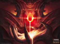 1boy absurdres armor commentary copyright_name copyright_notice english_commentary fingernails floating glowing highres holding holding_jewelry holding_ring jewelry kheljay ring sauron sharp_fingernails sharp_teeth smile solo spiked_armor spiked_pauldrons teeth the_lord_of_the_rings the_one_ring tolkien&#039;s_legendarium tolkien&#039;s_legendarium