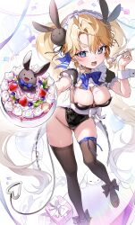 1girl absurdres balloon black_leotard black_thighhighs blonde_hair blue_bow blue_bowtie blue_eyes bow bowtie box breasts cake cleavage food gift gift_box highres holding holding_cake holding_food large_breasts leotard long_hair maid_headdress nyaruin open_mouth original solo strapless strapless_leotard tail thick_eyebrows thighhighs twintails very_long_hair wrist_cuffs