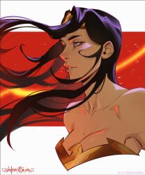 1girl artist_name bare_shoulders black_hair blue_eyes dc_comics highres ko-fi_username long_hair looking_to_the_side portrait signature solo valentina_tavolilla watermark web_address wonder_woman wonder_woman_(series)