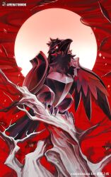 amehatobook artist_name bright_pupils closed_mouth commission corviknight feathers from_below gen_8_pokemon glowing glowing_eyes highres nintendo no_humans no_sclera on_branch pokemon pokemon_(creature) pokemon_focus red_eyes solo white_pupils
