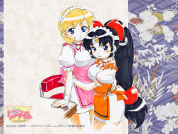 00s 2004 2girls apron blonde_hair blunt_bangs hairband headband ishikawa_hideki long_hair low-tied_long_hair multiple_girls ninin_ga_shinobuden shinobu_(ninin_ga_shinobuden) shiranui_kaede smiley_face tamura_hideki waitress