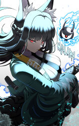 1girl absurdres animal_ear_fluff animal_ears black_hair black_necktie black_skirt braid character_name collared_shirt fox_ears from_above glowing glowing_eyes green_jacket half_up_braid highres holding holding_sword holding_weapon hoshimi_miyabi jacket long_hair long_sleeves looking_at_viewer looking_up necktie red_eyes samacho shirt skirt solo sword tailless_(zenless_zone_zero) upper_body weapon white_shirt wide_sleeves zenless_zone_zero