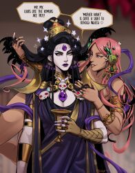 2girls absurdres ancient_greek_clothes aphrodite_(hades) armband black_hair blurry blurry_background bracelet commentary cup dark-skinned_female dark_skin english_commentary english_text grace_kim_(ryuuna) greco-roman_clothes grin hades_(series) hades_1 hair_ornament hands_in_hair highres holding holding_cup jewelry long_hair looking_at_another mature_female multiple_girls multiple_rings nyx_(hades) parted_bangs pink_eyes pink_hair pink_nails purple_lips ring sideways_glance skull_ornament smile speech_bubble very_long_hair yuri