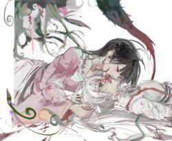 2girls black_hair blood blood_in_hair blood_on_clothes blood_on_face blood_splatter blush bow empty_eyes fujiwara_no_mokou hair_bow heart highres houraisan_kaguya licking_blood long_hair long_skirt long_sleeves multiple_girls nosebleed ofuda ofuda_on_clothes open_mouth pink_shirt plant red_eyes sesmkun shirt skirt suspenders touhou very_long_hair white_bow white_hair white_shirt wide_sleeves