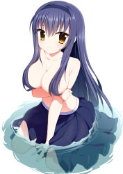 1girl arm_between_legs arm_under_breasts black_hair black_hairband blue_skirt breasts cleavage closed_mouth collarbone commentary eh8t4brhagdnna0 hair_censor hairband highres kneeling kushima_kamome large_breasts long_hair looking_at_viewer pleated_skirt simple_background skirt solo straight_hair summer_pockets topless_female very_long_hair wading water white_background