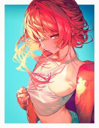 1girl clothes_grab denim expressionless flat_chest hair_between_eyes highres jacket jacket_on_shoulders jeans long_sleeves navel off_shoulder original pants red_hair red_jacket sigta tank_top white_tank_top