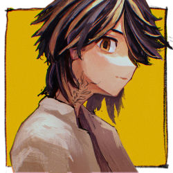 1boy black_hair blonde_hair border brown_eyes closed_mouth film_grain hanemiya_kazutora highres magan0301 male_focus multicolored_hair neck_tattoo painterly solo streaked_hair tattoo tokyo_revengers upper_body white_border