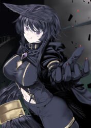 1girl abs absurdres amora_(starnight17) animal_ear_fluff animal_ears arm_support black_gloves black_pants black_shirt blue_eyes borrowed_character breasts cleavage_cutout clenched_hand clothing_cutout commentary commission cosplay crossed_legs delta_(kage_no_jitsuryokusha_ni_naritakute!) delta_(kage_no_jitsuryokusha_ni_naritakute!)_(cosplay) english_commentary facial_mark fur_gloves gem gloves gold_trim hair_between_eyes hand_up highleg highres indoors kaburana kage_no_jitsuryokusha_ni_naritakute! long_hair long_sleeves looking_at_viewer medium_breasts midriff navel original pants parted_lips paw_pose purple_gemstone purple_hair shirt sitting smile solo tail v-shaped_eyebrows whisker_markings wolf_ears wolf_girl wolf_tail