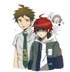 3boys ahoge angel_girl anger_vein aotsuki_eito black_hair blue_eyes brown_eyes brown_hair closed_eyes creator_connection crossover danganronpa_(series) danganronpa_2:_goodbye_despair drawstring glasses green_necktie highres hinata_hajime hood hoodie male_focus matching_hair/eyes messy_hair multicolored_eyes multicolored_hair multiple_boys necktie open_mouth parted_hair red_eyes red_hair shirt simple_background sumino_takumi teeth the_hundred_line_-last_defense_academy- upper_teeth_only white_background white_hair white_hoodie white_shirt