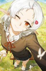 Rule 34 | 1girl, absurdres, ahoge, bare legs, black skirt, blue sky, blush, brown shoes, brown sweater, chinese commentary, cloud, collared shirt, commentary, dated, fisheye, forehead, from above, full body, highres, leg warmers, looking at viewer, meadow, medium hair, miniskirt, mushoku tensei, neck ribbon, one eye closed, outdoors, parted bangs, pleated skirt, pointy ears, red eyes, red ribbon, ribbon, selfie, shirt, shoes, signature, skirt, sky, smile, solo, standing, sweater, sylphiette (mushoku tensei), v, white hair, white leg warmers, white shirt, yisjhui